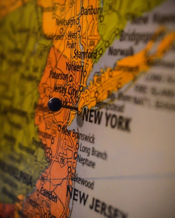 A map of New Jersey and New York, pin in NYC