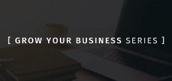 darkened background with laptop, grow your business series text overlay