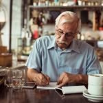 older adult man doing paperwork at restaurant
